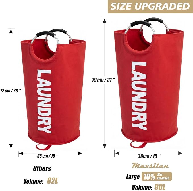 Maxsilan 90L Large Laundry Basket Bag, Collapsible Tall Hamper, Red - Image 4
