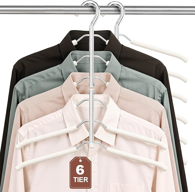 Space Saving Clothes Hangers,6 Tier Non Slip Shirt Hangers Closet Organizer | Space Saving Coat Hanger with Foam Padding,Closet Organizers and Storage for Shirts, Sweaters, Jackets, 3 Pack,Beige by DOIOWN