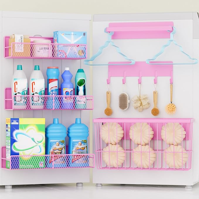 DTUQYX 6 Pack Magnetic Shelves for Washing Machine, Magnetic Spice Rack Organizer for Refrigerator, Magnetic Shelf with Hanger Organizer, Metal Magnetic Basket, Laundry Organization and Storage, Pink by DTUQYX