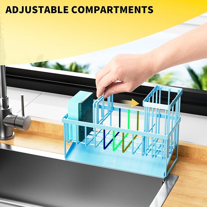 Cisily Blue Kitchen Sink Caddy Organzier with High Brush Holder, Sponge Holder for Sink, 304 Rustproof Stainless, Kitchen Countertop Soap Dispenser Organizer, Blue Home Decor and Accessories - Image 4