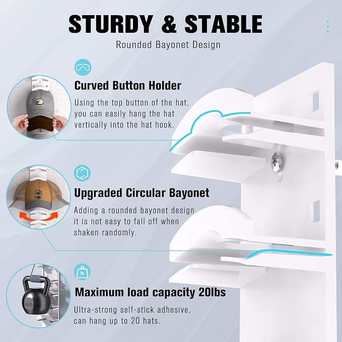 Hat Organizer for Baseball Caps 2Pack, Hat Rack for Wall with Strong Adhesive Hold up to 20 Hats, Hat Hanger Holder Display for Door Closet, Cap Organizer Storage Multilayer Two Mounting Option(White) - Image 3