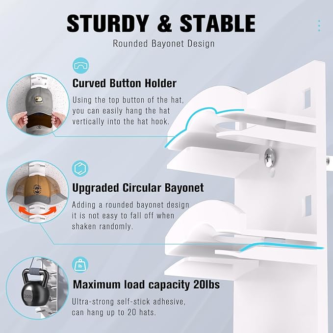 Hat Organizer for Baseball Caps, Hat Rack for Wall with Strong Adhesive Hold up to 10 Hats, Hat Hanger Holder Display for Door Closet, Cap Organizer Storage Multilayer Two Mounting Option(White) - Image 3