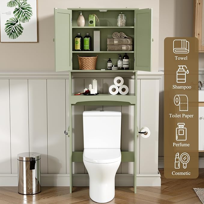 HLR Over The Toilet Storage Cabinet with Gold Trim, Over Toilet Bathroom Organizer with Adjustable Shelves and Toilet Paper Holder, Above Toilet Storage Cabinet Spacesaver for Bathroom (Green) - Image 5