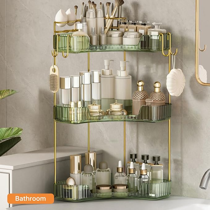 3-Tier Corner Bathroom Counter Organizer，Makeup & Skincare Shelf with Built-in Brush Holder，Space-Saving Bathroom Countertop Organizer for Skincare, Perfume, Cosmetics(Green) - Image 7