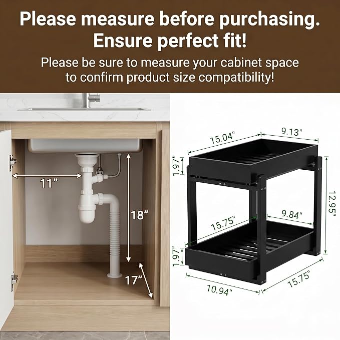 Bamboo Under Sink Storage 2 Tier Pull Out Cabinet Organizer Slide Out Under Sink Storage Shelf Undersink Organizers Shelves for Kitchen Bathroom Organization (Black, 2 Pack) - Image 2