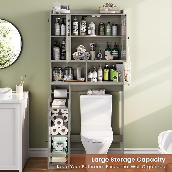 Itaar Over The Toilet Storage Cabinet, Over Toilet Bathroom Organizer with Glass Doors & Toilet Paper Holder Stand, Home Space-Saving Toilet Rack, for Bathroom, Restroom, Laundry, Grey - Image 3