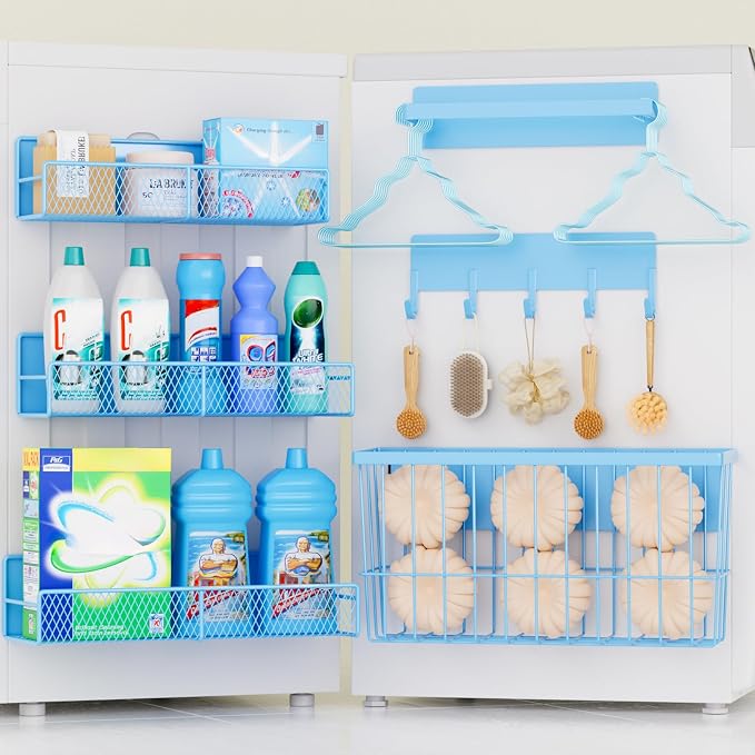 DTUQYX 6-Pack Magnetic Shelves for Washing Machine & Refrigerator, Heavy-Duty Laundry Organizer with Hanger Holder & Deep Baskets, Metal Storage System for Laundry Room (Blue) by DTUQYX