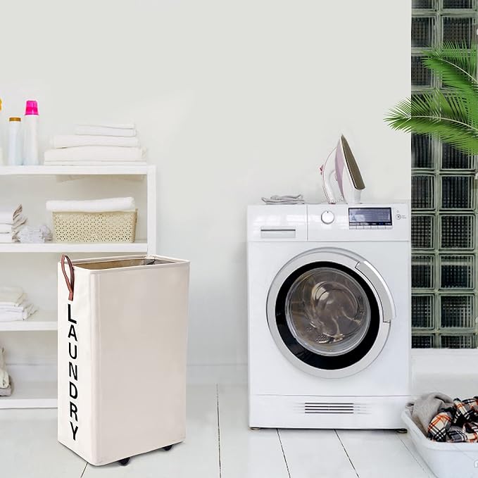 70L Large Rolling Laundry Hamper - Tall Narrow Basket With Wheels, Slim Clothes Bin, 27.5" Beige - Image 6