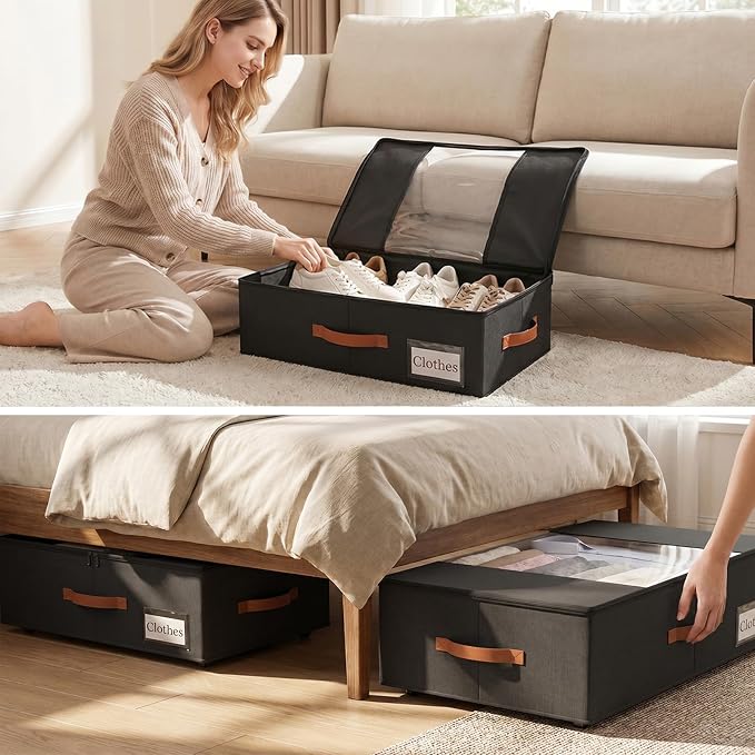 TOSKING 2-Pack Under Bed Storage Bins with Wheels, 4 Vacuum Bags, Heavy Duty 80 lbs, 7.9" Height, 47L Clear Lid Organizer, Space Saver for Dorm Bedroom Clothes Shoes Toys, Quick Assembly, Black - Image 2