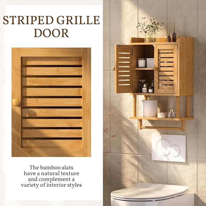 AmazerBath Bathroom Wall Cabinet, Bamboo Over The Toilet Storage Cabinet, Hanging Medicine Cabinets with Towel Bar, Wall Mounted Storage Shelf with Adjustable Shelves for Small Spaces - Image 9