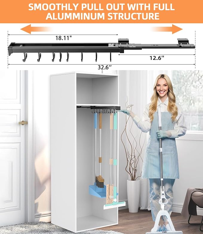 Pull Out Broom Holder With Adjustable Double Row Sliding Hook-Grey 18IN - Image 2