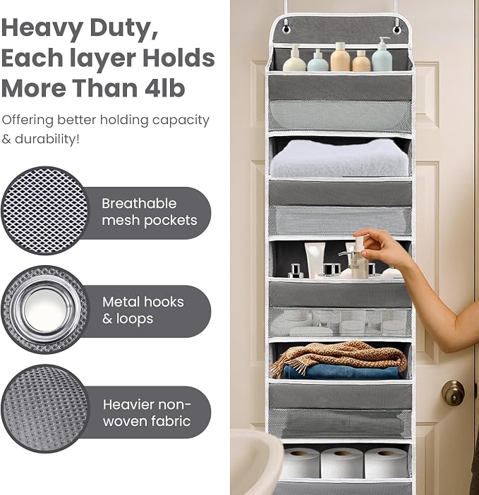 Easy Assembly Over The Door Organizer, 5 Shelves& 8 Side Pockets, Heavy-Duty Reinforced Mesh Rack Holds 44lb, Hanging Behind Door Storage for Bathroom Pantry, Nursery, Closet, Shoes, Towels- Dark Grey - Image 4
