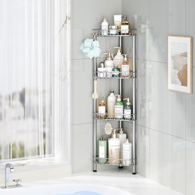 SWTYMIKI Standing Shower Caddy Corner - 4‑Tier Stainless Steel Shower Organizer Shelf with 12 Hooks and Adhesive Pads, Rustproof Corner Shelves Stand Rack for Bathroom Shower Room, Silver - Image 5