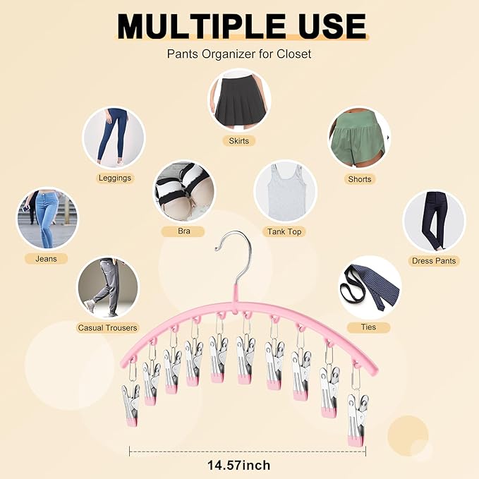 Metal Yoga Pants Hangers 1 Pack w/10 Clips Holds 10 Leggings, Space Saving Hanging Closet Organizer w/Rubber Coated Closet Organizers and Storage, Pink - Image 4