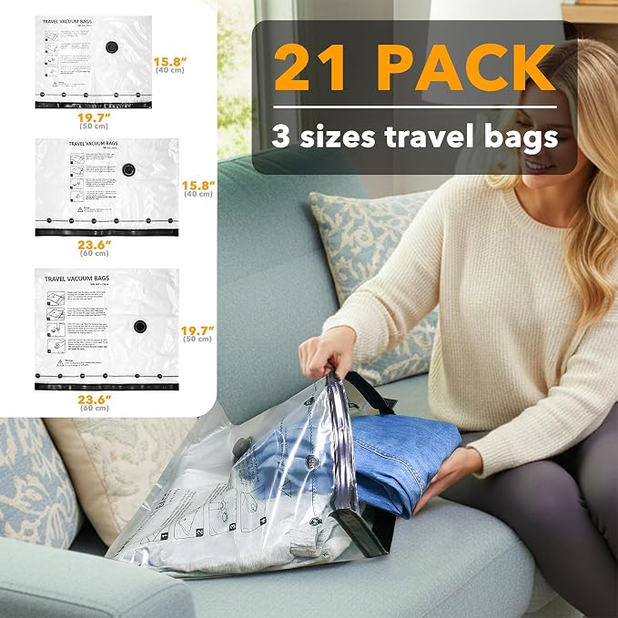 SpaceAid Travel Vacuum Bags for Luggage with Electric Pump, 21 Pack Vacuum Seal Bags for Clothing Travel, Space Saver Compression Bag for Backpack and Suitcase - Image 4