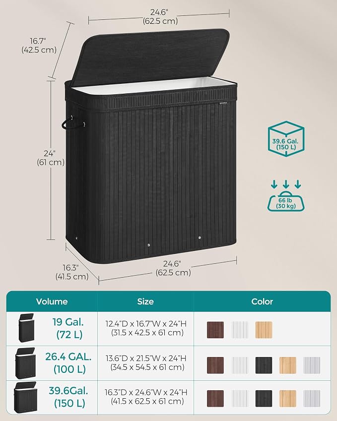 SONGMICS Bamboo Laundry Hamper with Lid, 39.6-Gallons, with Handles - Image 5