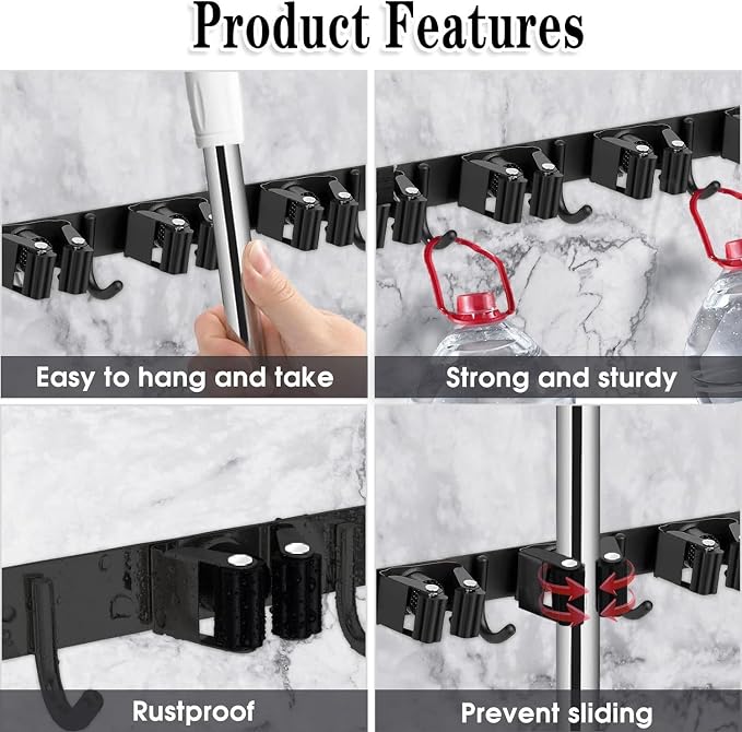 Black Broom Holder Wall Mount, 5 Racks 4 Hooks Mop and Broom Organizer - Image 2
