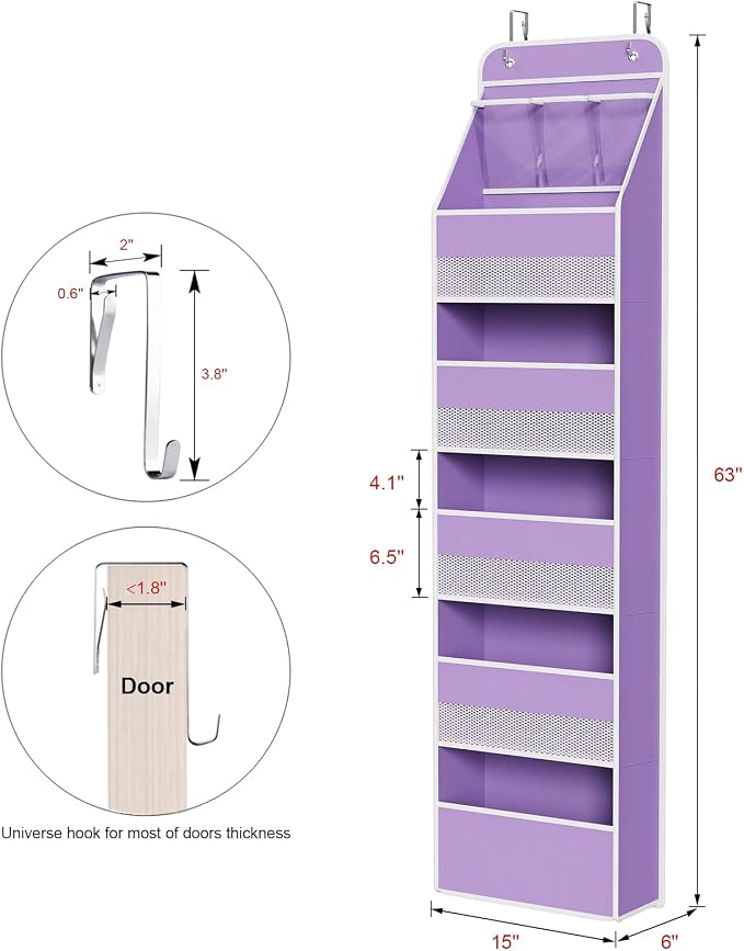 Univivi Fabric Over the Door Organizer for Baby Nursery, Purple, 6-Shelf - Image 3