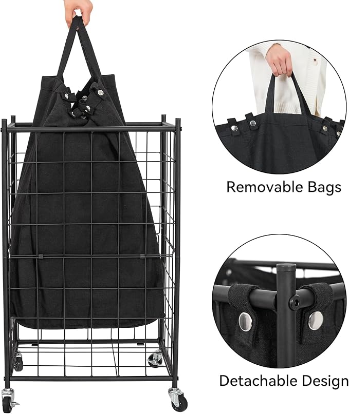 WOWLIVE Rolling Laundry Basket, Metal Wire Frame Laundry Hamper with Wheels - Image 6