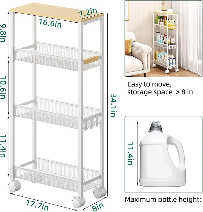 4-Tier Slim Utility Rolling Laundry Cart with Wheels, Easy to Assemble - Image 5