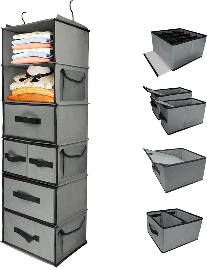 Durable 6-Tier hanging closet organizer with 5 Drawers & 3 Side Pocket,Thickened Fabric Hanging Shelves Holder with Sturdy Hook,Space-saving Storage Organization for Bedroom,Dorm,Guestroom,RV,Bathroom by Folzaelar