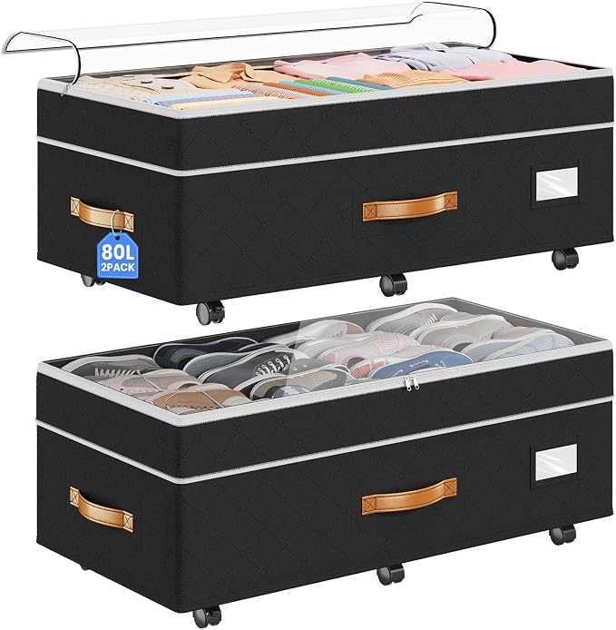 Budding Joy 80L 2 Pack Adjustable Under Bed Storage with Wheels | Underbed containers with clear lids, rolling under bed shoe storage organizer for dorm home clothes, blankets, toys, black by BuddingJoy-BuildaJoyfulLifeforYou