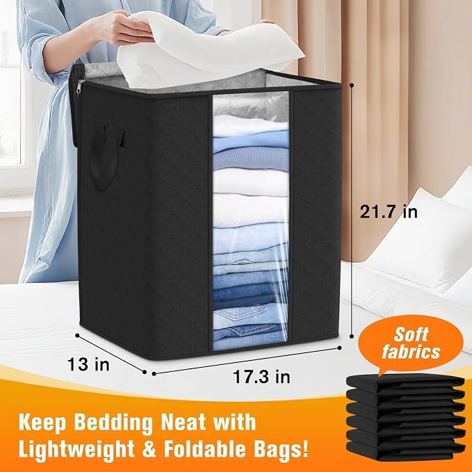 6 Pack Clothes Storage Bags 80L Blanket Storage Container with Window Black | Large Comforter Organizer for Closet, Bedding, Quilts, Sheets and Pillows, Foldable Storage Bags for Home Organization - Image 2