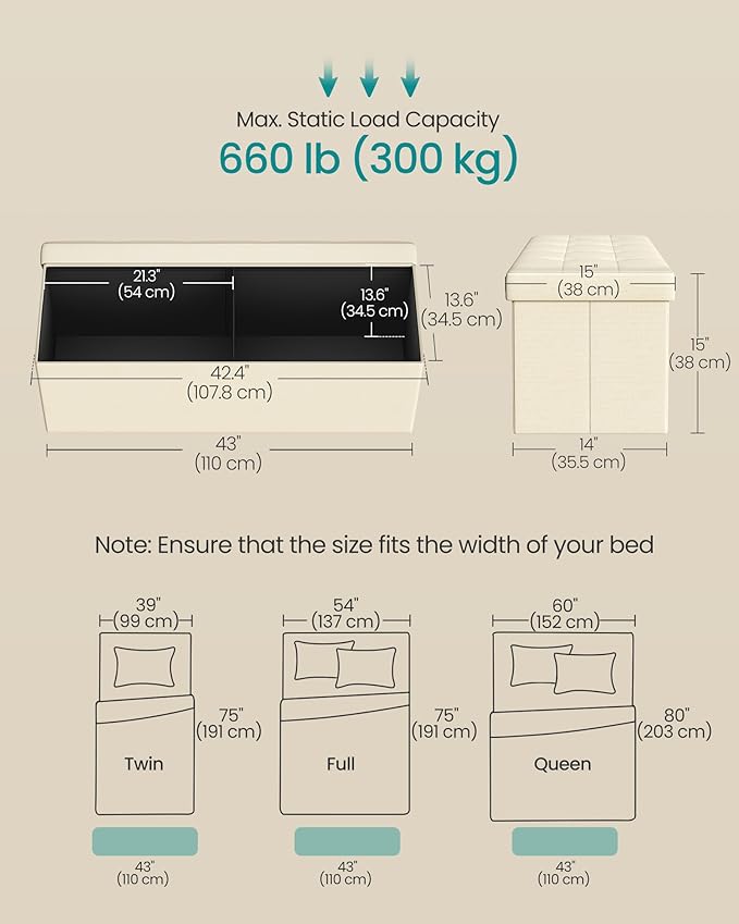 SONGMICS 43.3 Inches Folding Storage Ottoman Bench, Load 660 lb | Ottoman Foot Rest, Storage Chest, for Living Room, Entryway, Cream White and Ink Black, MINOTA Collection ULSF77BE - Image 2
