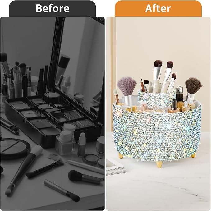 fanado Bling 360° Rotate Makeup Brush Holder Organizer, Makeup Organizers Countertop, Makeup organization and Skincare Storage for Vanity, Gift for Women Girls (Bling dz-White AB) - Image 5