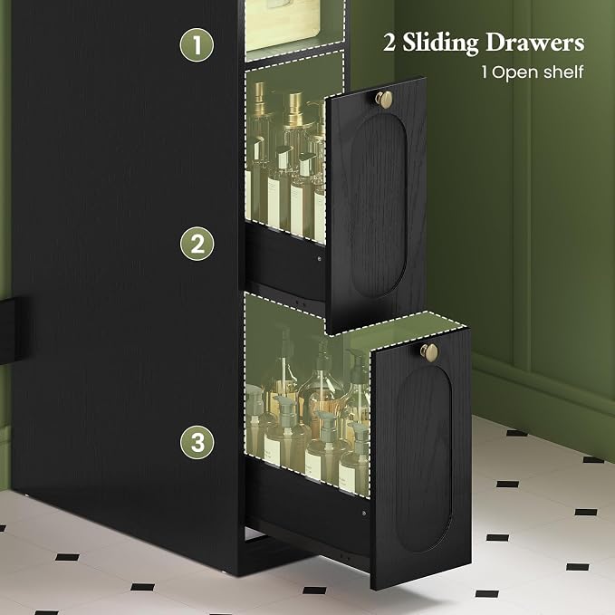 7-Tier L-Shaped Wooden Over the Toilet Storage Cabinet with Doors, Modern Over Toilet Bathroom Organizer Shelf with 2 Large Drawers, Bathroom Over Toilets Storage Cabinet, Space Saver, Black - Image 5