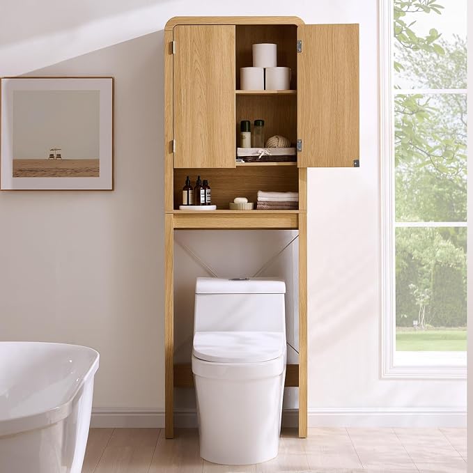 Over the Toilet Storage Cabinet, 69.69" Curved Bathroom Storage Organizer Cabinet with Doors and Adjustable Shelves, Wooden Free Standing Toilet Space Saver Rack, Natural - Image 7