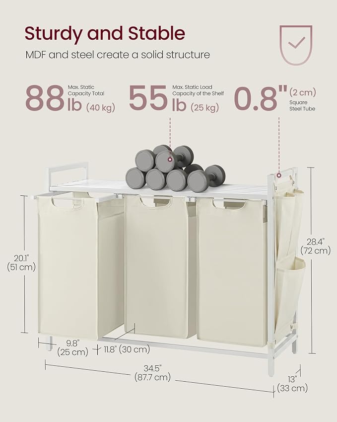 VASAGLE Laundry Hamper with Shelf, 3 Pull-Out Bags, 3 x 10.6 Gallons (40 L) - Image 6