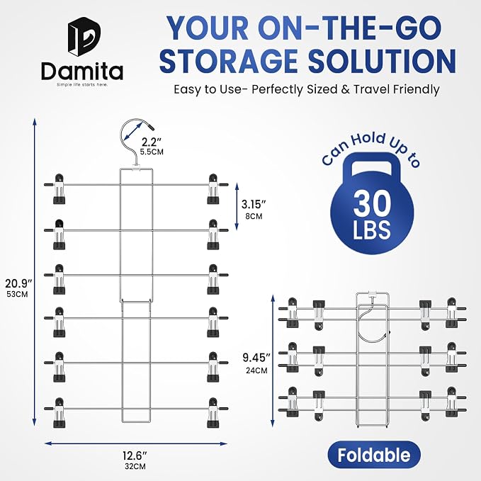 DAMITA Skirt Pants Hangers with Clips Space Saving Hanging Closet Organizer 6 Tiers Hanger with 360° Swivel Hook, Finger-Safe Design- College Dorm Room Apartment Essentials 2-Pack - Image 4
