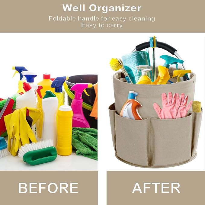 Cleaning Caddy with Handle, Cleaning Products Organiser, 17L Foldable Storage Basket, Cleaning Caddy Organiser, Portable Multi Cleaning Bucket Bag for Home, Garden (Khaki) - Image 3