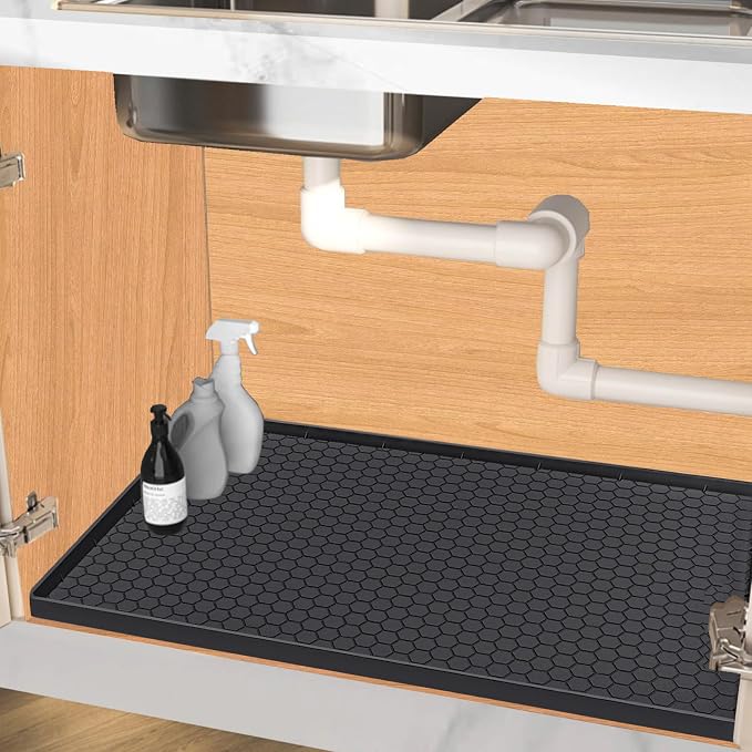 Under Sink Mat 34 x 22 for Kitchen Waterproof, Silicone Under Sink Liner Mat for Bottom of Kitchen Sink, Easy to Clean Bathroom Cabinet Mat Organizers and Storage, Black by Jacooxi