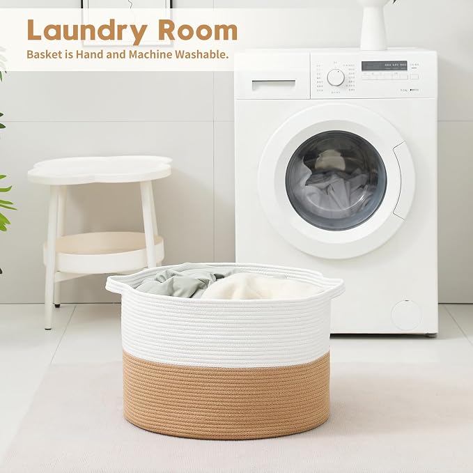 Foldable Laundry Hamper Basket with Collapsible Handle Cotton Rope Soft Woven Fabric Storage Organizer Clothes Toys Nursery Bedroom Dorm Space Saving Bin (White & Camel, 65L(19.7"D x 12.6"H)) - Image 7