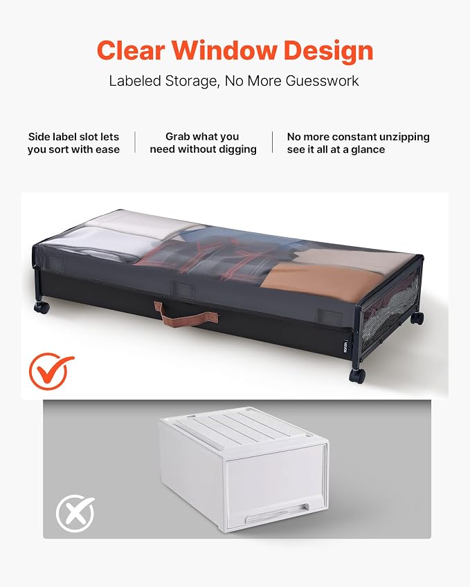 VEVOR Under Bed Storage with Wheels, 36.0 x 18.1 x 7.3 inch, Underbed Containers with Clear Lid, Underbed Shoe Organizer, Rolling Under the Bed Storage Bins for Clothes Shoes Blankets Bedroom, 2 Pack - Image 4
