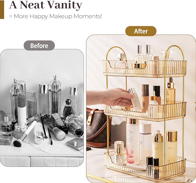 Bathroom Counter Organizer Countertop, 3 Tier Makeup Perfume Shelf Storage, Skincare Cosmetic Tray for Dresser Vanity - Gold - Image 4