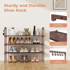 LANTEFUL 3 Tier Shoe Rack for Closet Shoe Organizer with 5 Hooks, Long Shoe Shelf Storage for Shoe and Boot Stackable Free Standing Shoe Rack for Entryway, Garage, Small Spaces, Dorm, Brown - Image 4