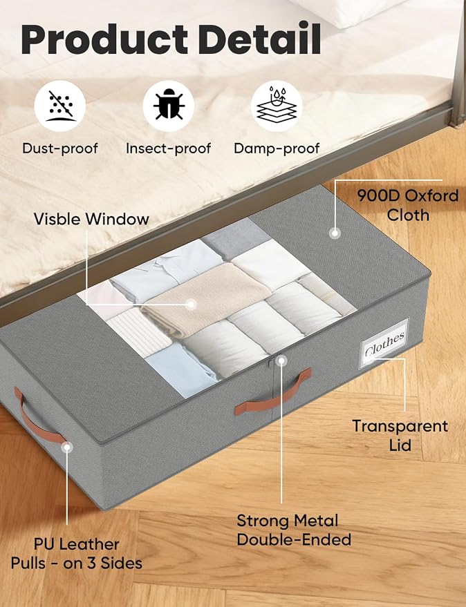 TOSKING 2-Pack Under Bed Storage Drawers with Wheels, 6 Vacuum Bags, 7.9" Height, Large 65L/80 lbs Clear Lid Rolling Bin, 900D Oxford, Space Saver for Dorm Bedroom, Blankets, Clothes, Shoes, Gray - Image 8