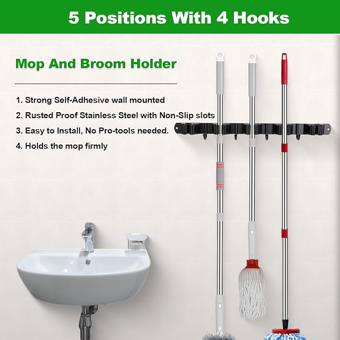 voze 5 Racks and 4 Hooks Mop and Broom Holder Wall Mount, Self Adhesive Heavy Duty Broom Hanger Organizer Storage Tool Racks for Kitchen Garden Laundry Garage Black - Image 2