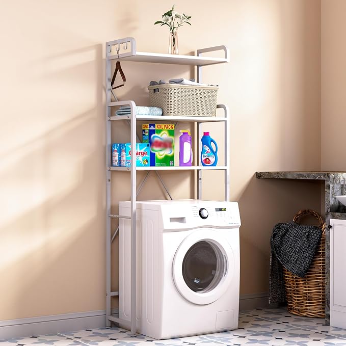 Huhote Over The Toilet Storage Rack with 3-Tier Bathroom Shelves, Space Saver Toilet Shelf, Bathroom Storage Organizer with Hooks for Over Toilet Storage and Shelf (White) - Image 6