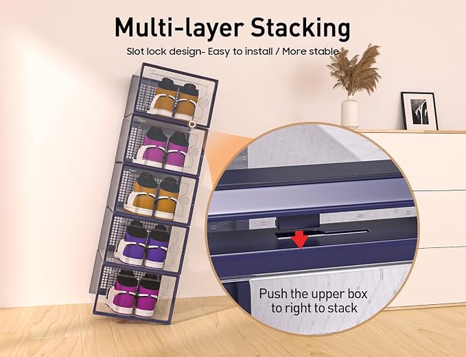 Kuject X-Large Shoe Storage Boxes 12 Pack, Clear Stackable Shoe Organizer | Shoe Case for Closet, Entryway & Under-Bed Storage, Drop-Front Design, Space-Saving Solution for Family Organization,Blue - Image 3