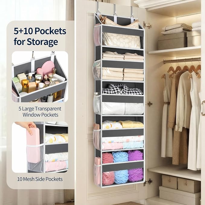 Yecaye 5 Tier Clear Over the Door Organizer Hanging, 5 Large Plastic Pockets and 10 Side Pockets Back of Door Organizer, 56lbs Weight Capacity Behind the Door Storage for Nursery, Deep Gray - Image 3