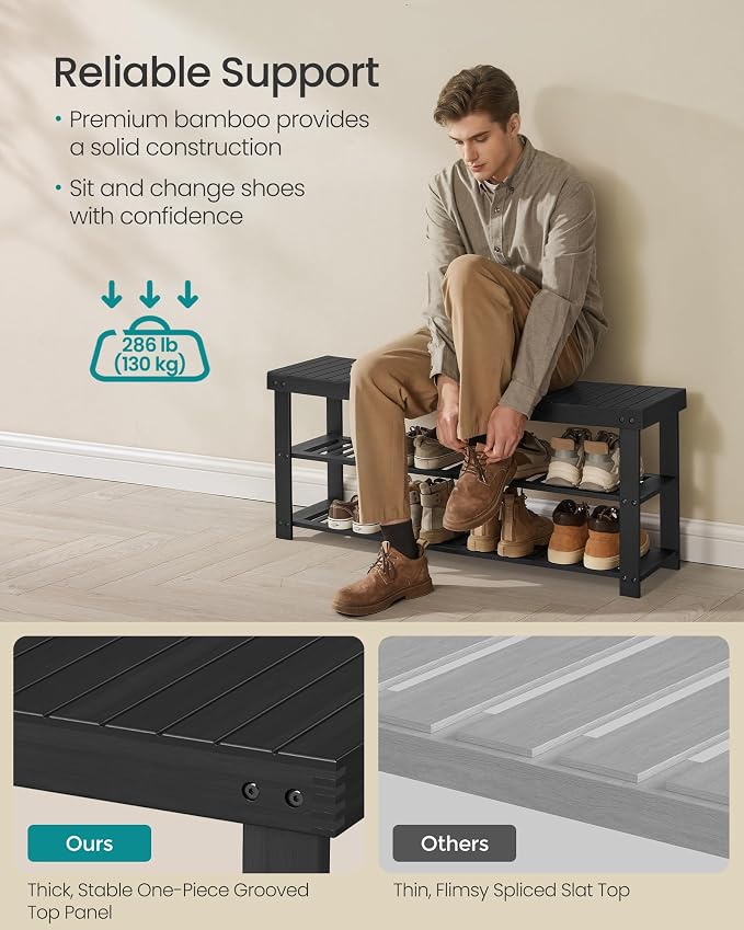 SONGMICS Shoe Rack Bench, 3-Tier Bamboo Entryway Bench, 42.9 Inches Width | Shoe Storage Organizer, Holds Up to 286 lb, Ink Black, BAMBOU Collection ULBS110B101 - Image 5