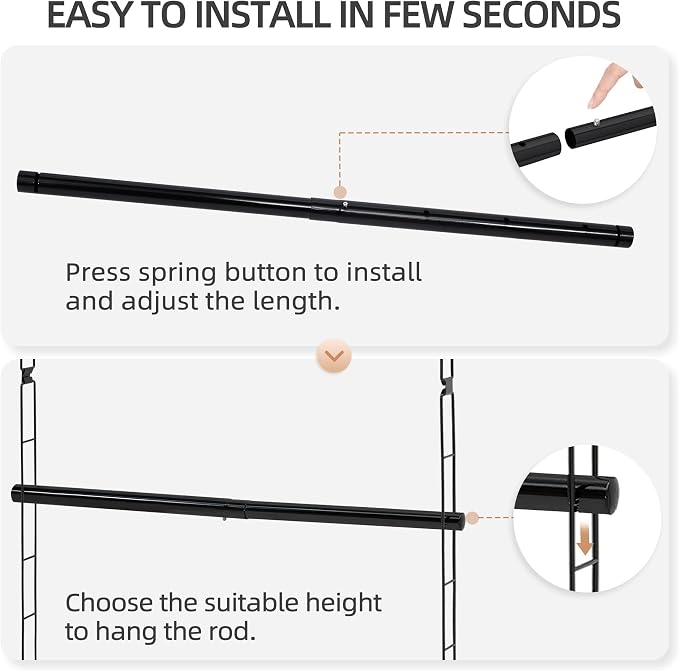 STORAGE MANIAC Hanging Closet Rod, Adjustable Width and Height Closet Hanging Organizer, Space-Saving Clothes Hanging Bar, Closet Extender Hanging Rod Double Closet Hanging Rod, 2 Pack Black - Image 4