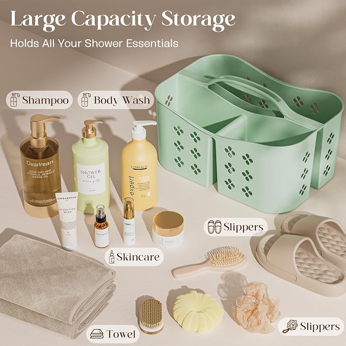 PQH Portable Shower Caddy with Handle, Large Capacity Shower Basket Organizer, Quick-Drain Bathroom Storage Tote, Durable Plastic Shower Organizer for College Dorm, Beach, Gym Essentials, MintGreen - Image 3