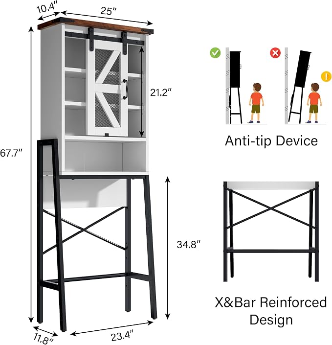 kepptory Over The Toilet Storage Cabinet, Above Toilet Storage Cabinet with Adjustable Shelves and Barn Door, Farmhouse Behind Toilet Bathroom Organizer for Bathroom, Laundry Room, Off-White - Image 2