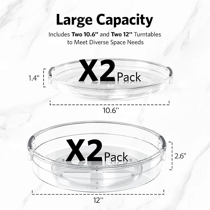 LAMU 4 Pack Lazy Susan Organizer, Clear Lazy Susan Turntable for Cabinet, Refrigerator, Table Top, Kitchen, Bathroom, Pantry Organizers and Storage, 2 Sizes Included 12in, 10.6in - Image 6