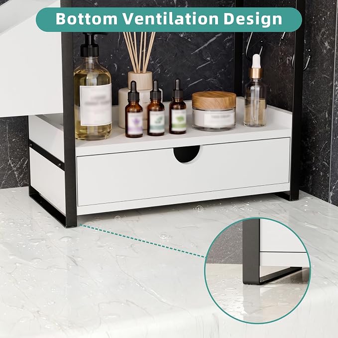 Kottwca 2-Tier Bathroom Counter Organizer with Drawer, Basket & Hooks, Wooden Vanity Shelf for Skincare, Perfume & Makeup Storage(White) - Image 5